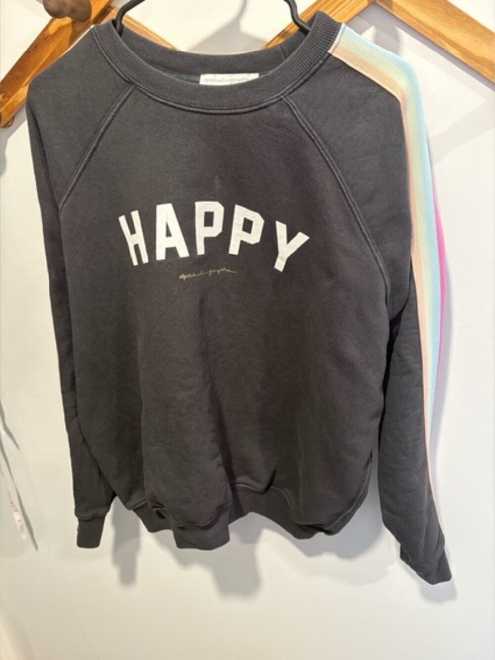 Spiritual Gangster HAPPY Rainbow Stripe Raglan Sweatshirt Size Large Dark Gray - Picture 4 of 15